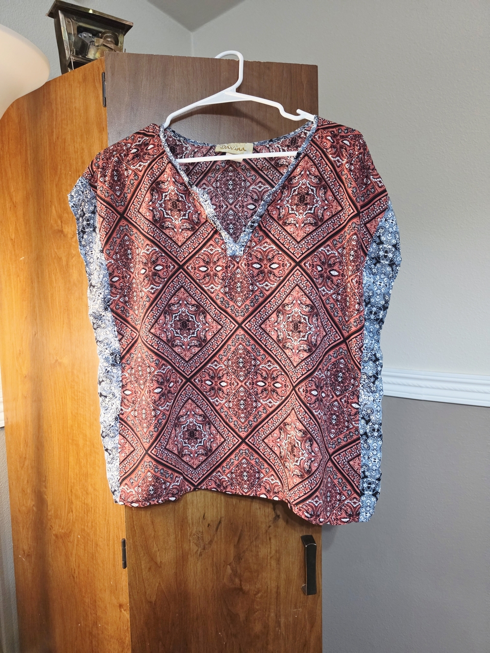 Davina Rust Red Patchwork Printed V-Neck Blouse with Contrast Side Panels